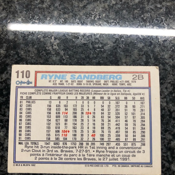 Ryne Sandberg O-Pee-Chee 1992 #110 baseball card!!! - Picture 2 of 2
